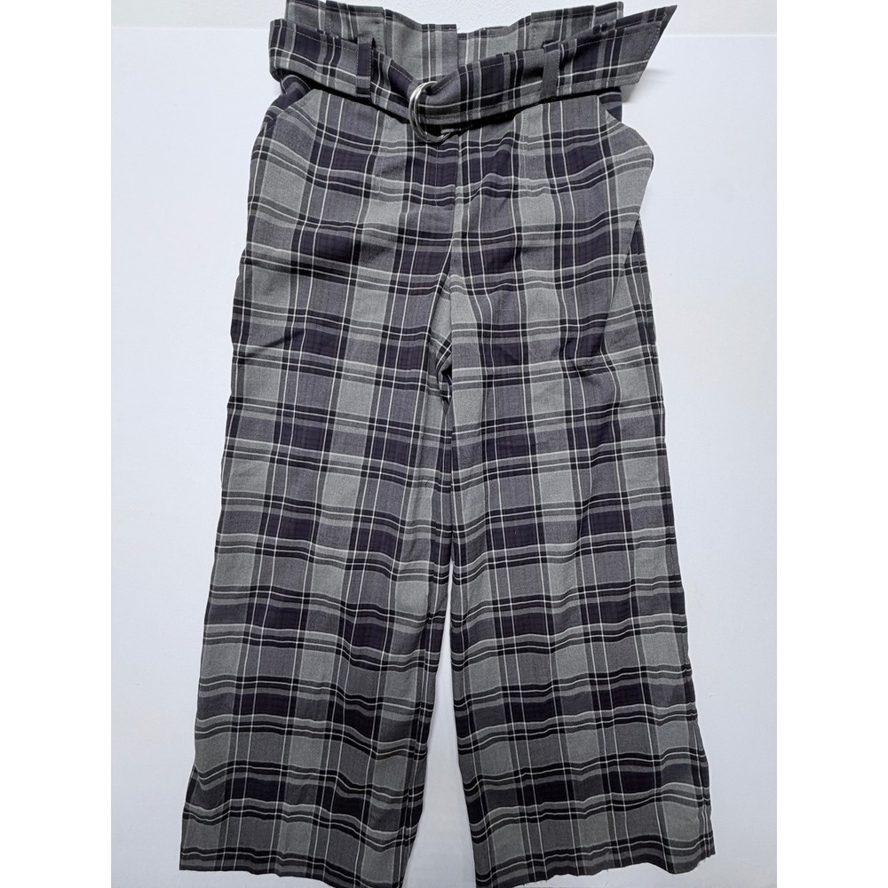 New York & Company 7th Avenue Plaid Wide Leg Belted Trousers Grey Purple 14